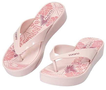JOMIX Chanclas Mujer Sandalias Plataforma con Estampado Tropical Zapatos de Playa y Piscina con Suela Gruesa de EVA y Cuña para Verano, WEI260456, Rosa, 37 EU