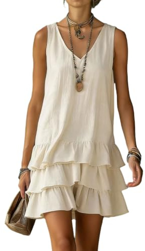 Yunshenla Robe Femme sans Manches Col V Décontractée à Volants Superposés Coupe Ample Élégante pour Vacances Quotidien Été
