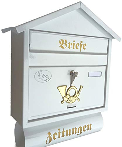 Stabiler Briefkasten Modell Spitzdach, Premium-Qualität, mit Schutzlackierung Verschiedene Modelle XXL Weiß mit Zeitungsrolle fertig montiert Postkasten Post (Spitzdach)