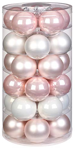 Inge Glas Weihnachtskugeln | Schöne Christbaumkugeln aus Glas | 30 Kugeln in Dose | Christbaumschmuck Weihnachtsbaumschmuck Weihnachtsbaumkugeln (Noble Rose | rosa weiß Glanz/matt)