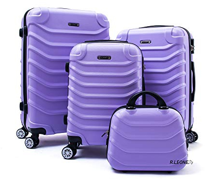 R.Leone Valigia da 1 pezzo Fino a Set 4 Trolley Rigido grande, medio, bagaglio a mano e beauty case 8 ruote in ABS 2026 (Lilla, Set 4 XXS S M L)