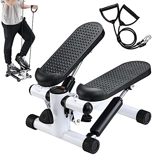 BAKAJI Stepper Entraînement Fitness Cardio Jambes Ventre Hanches avec écran LCD Calories Temps et Haltères élastiques Entraînement Bras Épaules Structure en Acier Inoxydable Pédales antidérapantes