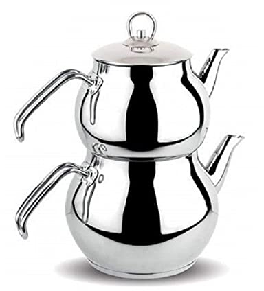 DESTALYA Türkische Teekanne Set, Edelstahl Doppel Teekannen für Herd Top Teebereiter mit Griff Samowar Stil Selbstbeanspruchter Teekessel Wasserkocher Wasserwärmer, Caydanlık Takımı (Midi Metall)