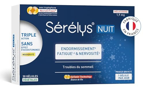 UPSA - Sérélys NUIT- Complément Alimentaire à Base de Mélatonine 1,9 mg, Magnésium & Vitamine E - Endormissement, Fatigue, Troubles du Sommeil & Sueurs Nocturnes - 30 Gélules Végétales - 1 mois