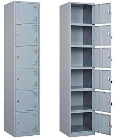 Yizosh Metal Locker with 6 Doors, Tall Steel Storage Lockers for Employees - 71 Locker Storage Cabinets for School, Gym, Home, Office, Garage (Grey)
