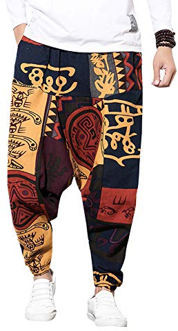 Pejihota Mens Loose Hip-Hop Harem Pantalones Lino Bohemio Aladdin Yoga Pantalones Bloomers Drop Entrepierna Pantalones Estampado Retro con Bolsillos