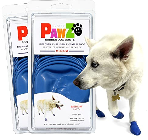 PawZ Rubber Dog Boots for Medium Paws - All-Weather Waterproof Dog Shoes, Anti-Slip Traction for Rain, Snow, Mud & Hot Pavement - Pull-On Dog Booties, Blue - Medium (2.5 - 3) - Pack of 24