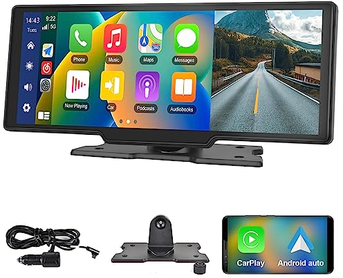 Podofo 10.26 Zoll IPS Tragbares Autoradio mit Kabelloses A-pple Carplay Android Auto Recorder Bildschirm，7-32V Touchscreen mit Sprachassistent/Bluetooth/FM Transmitter/AUX/GPS Navigation/Airplay