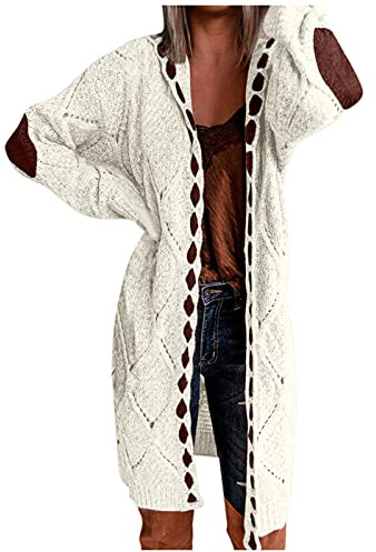 IQYU Cardigan Femme avec Capuche - Manteau Tricot Grosse Maille - Chaud - Motif Torsadé - Tailles Grandes - Veste Saison, Blanc., M
