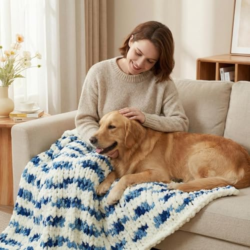 Amélie Home Chunky Knit Throw Blanket for Couch, Soft Chenille Handmade Crochet Throw Rope Knot Blanket for Couch, 50x60, Space-Dyed Blue Striped