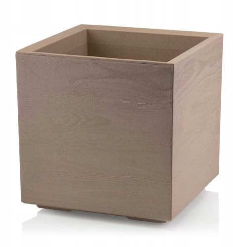HowHomely Blumentopf Beige 40 x 39 x 39 cm Pflanzkübel Groß Außen - Pflanzkasten auf Rollen mit Abflussstopfen - Pflanzkübel die Holz Imitiert für Garten und Terrasse