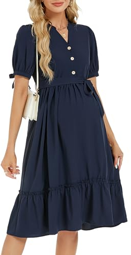 KOJOOIN Damen Umstandskleid V-Ausschnitt hohe Taille Rüschen Stillkleid Knöpfe Hemdkleid für Schwangere Casual Schwangerschaftskleid mit Gürtel Dunkelblau M