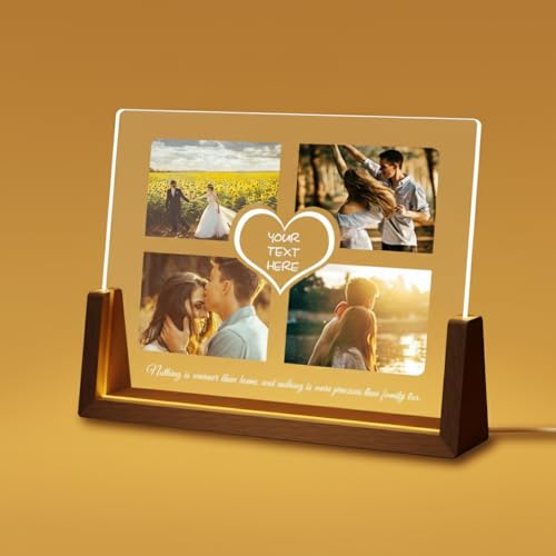 Personalised LED Collage Photo Plaque with Heart for Couples | Create a romantic four-photo collage with heart text and your own message on an illuminated acrylic plaque.