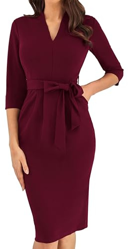 GRACE KARIN Donna Abito Midi Aderente con Scollo a V Maniche 3/4 Spacco Posteriore Elegante per Ufficio