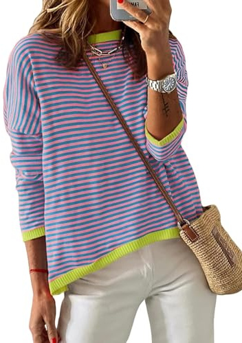 Cuptacc tröja dam elegant randigt sweatshirt rund hals avslappnad, Blåviolett, L