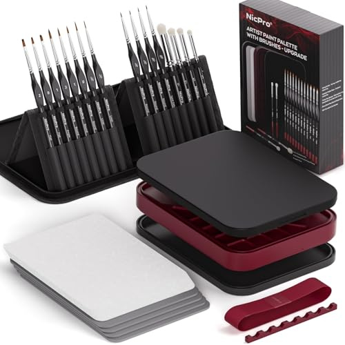 Nicpro Professionelles Miniatur-Malset: Wet Palette, 16 Feine Pinsel, Dry Brush mit Nylontasche, 100 Palettenpapier, 4 Schwämme, Farbmischpalette für Miniaturmodelle