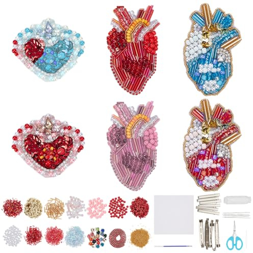 WEBEEDY 6 Styles DIY Heart Beaded Patch Kit Pearl Rhinestone Red Heart Patch Brooch Pin Hair Barrette Making kit Sequin Bead Embroidery Kit Patches for Clothes Sew on Decorative Patches for Valentines