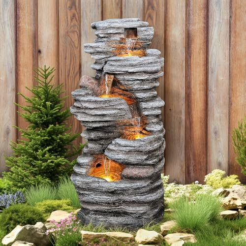 Jocoevol 40 Outdoor Water Fountain with LED Lights - 5-Tier Cascading Rock Waterfall Fountain, Natural Rock Look, Ideal for Garden, Landscaping, Patio, Balconies and Yard Decor