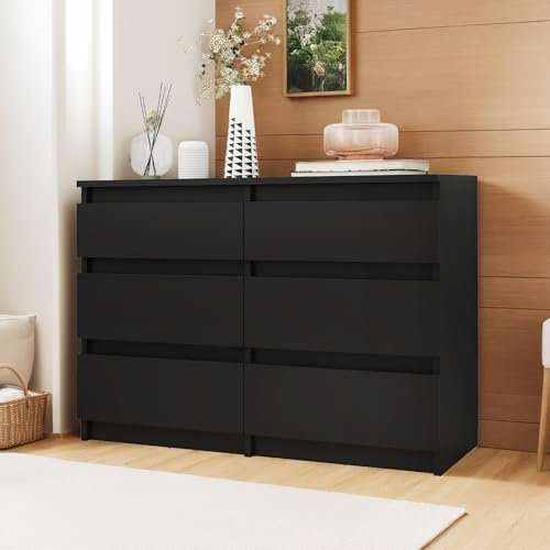 YITAHOME Cómoda de 6 cajones, 100 x 30 x 70 cm, moderna unidad de almacenamiento para dormitorio, MDF duradero y tablero de partículas, ideal para ropa y necesidades diarias, color negro
