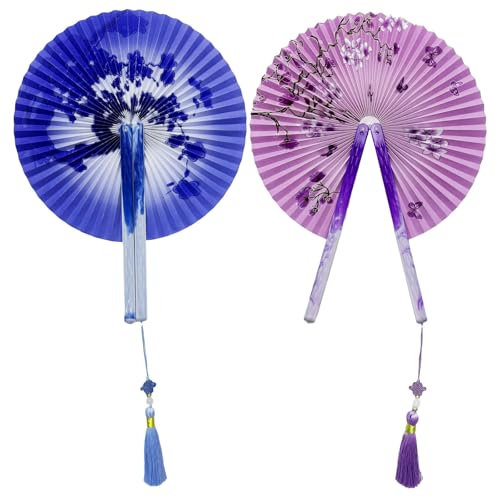 XIAQICA 2 PCS Magnétique Éventails Pliants Rétro Round Ventilateur à Main Pliable Eventail Papier Eventail Mariage avec Frange Style Chinois pour Mariage Danse Fête Performance(Violet,Bleu)