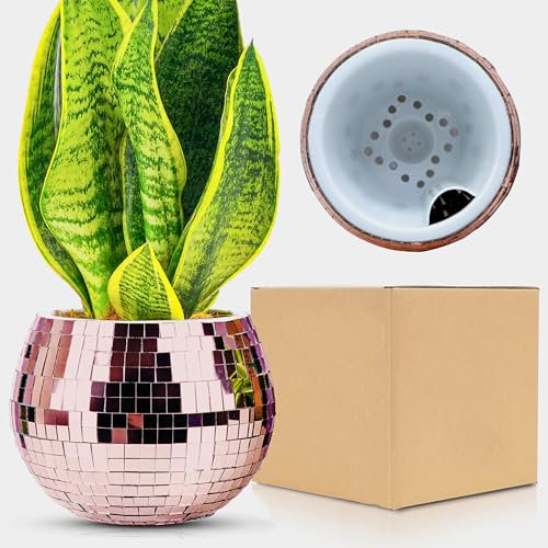 Discokugel Blumentopf,Discokugel Übertöpfe,Discokugel Pflanzentopf,Disco Vase,Roségold Mosaik Spiegelkugel Blumentopf Selbstbewässerungs,Kunststoffe Disco Kugel Deko Topf für Party,Büro,4*5*5 Zoll
