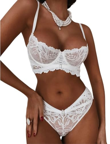 PARUPRUP Sexy Lingerie Set For Women Lace Floral Embroidery Bra and Panty 2 Pieces Push Up Underwear Set Underwire Babydoll Sleepwear (White, M)