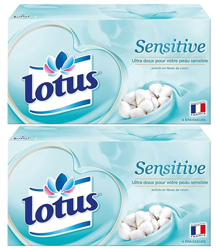Lotus Sensitive – 160 Mouchoirs 4 épaisseurs pour un confort absolu – Blancs, doux et résistants – Fabriqués en France – Lot de 2 boîtes de 80