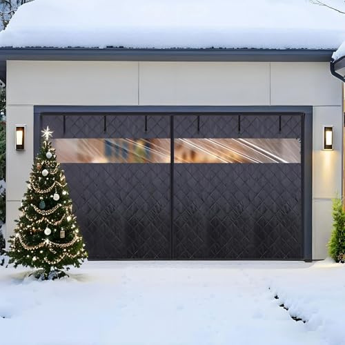 Garageportsisoleringskit passar 9x7FT magnetisk värmeisolerad dörrgardin för vintern, termiskt dörrskydd med synliga fönster, förtjockad bomullsgarageportsnät för 1 bil(Black,W198xH183cm)