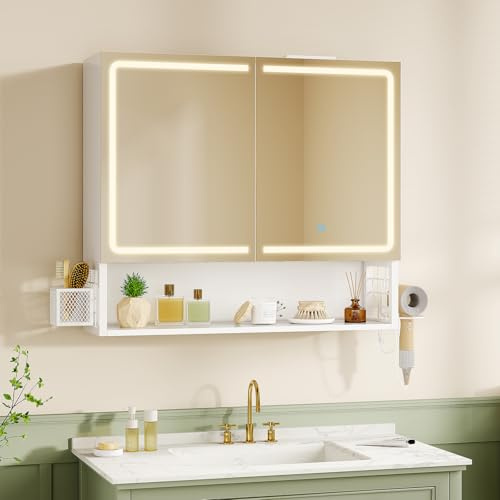 FORABAMB Meuble de Salle de Bain avec Éclairage LED et Prise, Armoire de Toilette avec Miroir HD,Étagère Réglable, Panier Suspendu,Support pour Sèche-Cheveux, Armoire Salle de Bain, 70x16x60 cm,Blanc