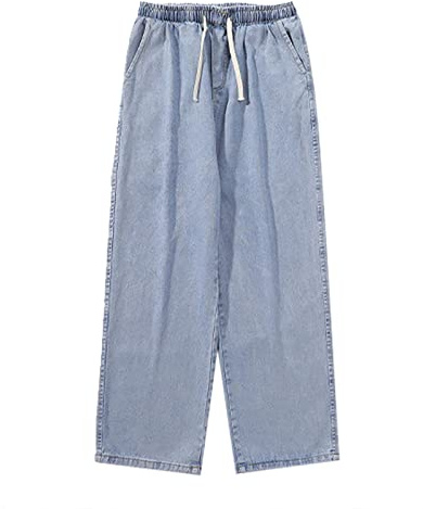 Generiska jeans för män baggy: Denim byxor med dragsko jeans raka ben jeans enfärgade tygbyxor andningsbara fritidsbyxor lätta utomhusbyxor klassiska bekväma arbetsbyxor för män, Ljusblå, M