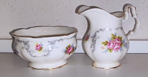 Royal Albert Tranquillity Milch & Zucker Set – Bone China England – Milchkännchen und Zuckerdose – Vintage Teeservice – Florales Porzellan mit Goldrand