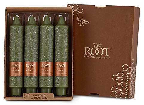 Root Candles 4-Count Unscented Dinner Candles Dripless Beeswax Enhanced Timberline™ Collenette Boxed Candle Set, 7-Inch, Dark Olive