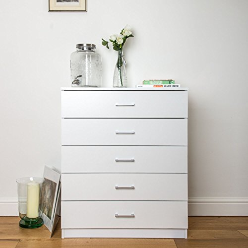 Home Treats White Chest of Drawers Bedroom Furniture I 5 Drawer Chest of Drawers I Anti Bowing Drawer Support I Clothes Organiser for Any Room (White, 5 Drawer)