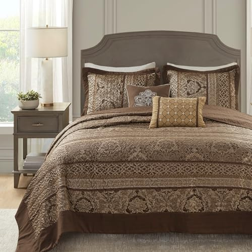 Madison Park King Quilt Bedding Set, Traditional Jacquard Damask, 5PC