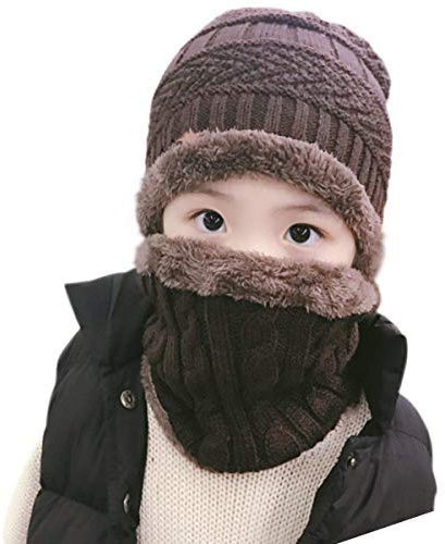 XYIYI Kids Winter Knit Hat and Scarf Set, 2Pcs Warm Fleece Lining Beanie Cap and Scarf for 5-14 Year Old Boys Girls (Coffee)