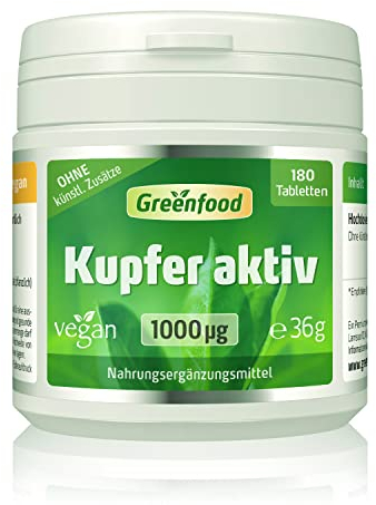Kupfer aktiv Tabletten, hochdosiert, 1000µg - 180 Tabletten, vegan. Kupferbisglycinat - für Haut & Haarpigmentierung (graue Haare) und Energie. OHNE künstliche Zusätze - laborgeprüft. Von Greenfood.