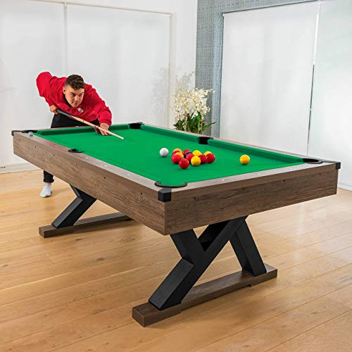 Mesa de Billar PINPOINT | Mesa de Pool Profesional con Bolas, Tacos, Triángulo y Cepillo | Mesa de Billar 2,1m con Tapete Verde Salón de Juegos o Bar