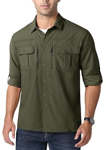 MAGCOMSEN Safarihemden für Herren UPF 50+ Outdoor Hemden Lange Ärmel Wanderhemd Herren Atmungsaktiv Sporthemd Shirt Leicht Funktionshemd Schnelltrocknend Tropenhemd Armeegrün L