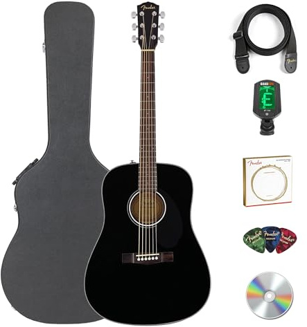 Fender CD-60S Solid Top Dreadnought Acoustic Guitar - Black Bundle with Hard Case, Tuner, Strap, Strings, Picks, and Austin Bazaar Instructional DVD