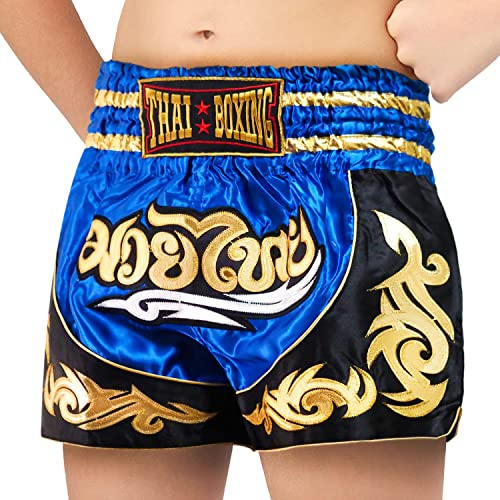 SIAMKICK Youth Muay Thai Shorts for Kids (4 Years - 10 Years) Boxing Kickboxing MMA Training Trunk for Boys and Girls (Blue Bodhi, M)