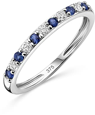 OROVI Schmuck Damen 0.12Ct Diamant Ewigkeitsring Weißgold mit 6 natürliche Edelsteine/Geburtssteine runde blaue Saphire und 5 Diamanten Brillanten Eternity Ring aus 9 Karat (375) Gold