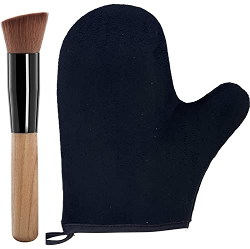 2 Piece Self Tanning Mitt Applicator Set, 1 Self Tanning Glove and 1 Self Tanner Brush, Tan Mitt for Self Tan Sunless Tan (Black)