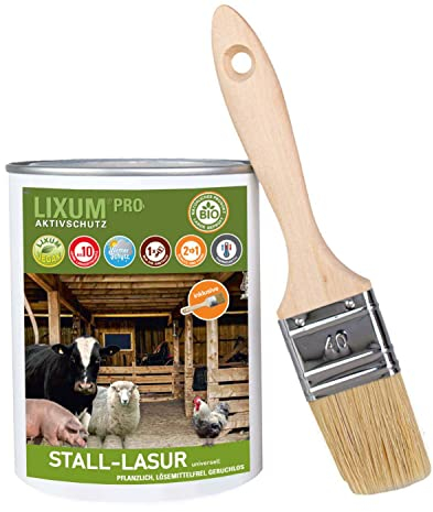 LIXUM PRO 100% biologische & natürliche Tierstall - Stall Lasur universell, Farbe:farblos 0.00, Inhalt:1000 ml (ca.30m²), inkl. Zubehör:Pinsel