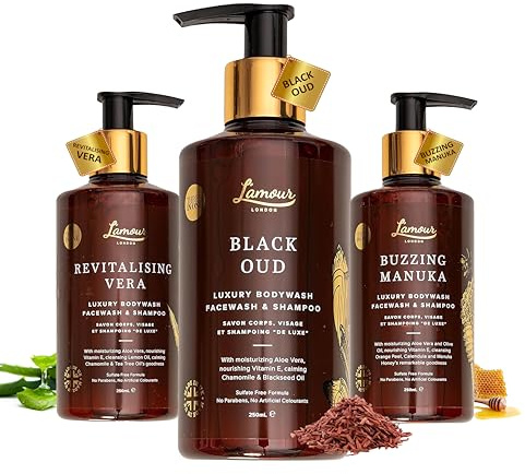 L'amour Natural | Luxury Bliss Body Wash Collection | Black Oud | Buzzing Manuka | Revitalizing Vera | Essential Oils | Sulphate Free | Gentle for dry and sensitive skin | 250mL | PACK of 3