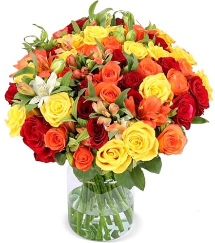 Blumenstrauß Sunset, Bunte Inkalilien & Rosen in Weiß, Orange & Rot, bis zu 40 Blüten, 40-50cm Länge, 7-Tage-Frischegarantie, Qualität vom Floristen, Ideales Blumengeschenk, Schneller Blumenversand