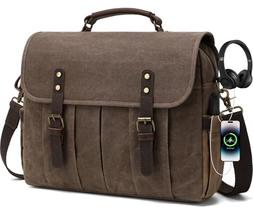 BOVIP 39,6 cm vintage messengerväska för män vattentålig äkta läder kanvas skolväska axelväska portfölj laptopväska med USB-laddning, headsetport, brun