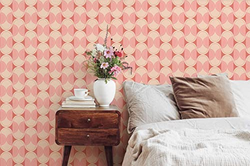 New Walls Papier peint rétro style années 70 Papier peint intissé Motif géométrique Cercles Rouge, Rose, Beige | 10.05x0.53m
