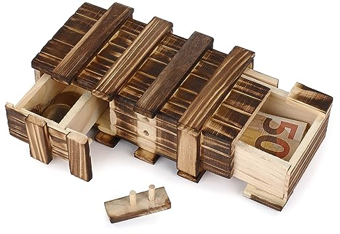FunX Cassaforte in legno con scomparti segreti – Scatola regalo creativa per matrimonio, compleanno, festa della gioventù, matrimonio in legno, 15 x 8,5 x 5 cm
