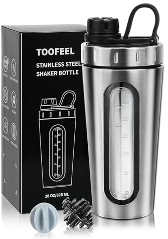 TOOFEEL Shaker Bottles for Protein Mixes 28 oz Stainless Steel Protein Shaker with 2 Mixing Ball, Not Stays Cold/Hot, Visible Window Metal Shaker Cups, Leakproof, BPA Free Bottle Shaker