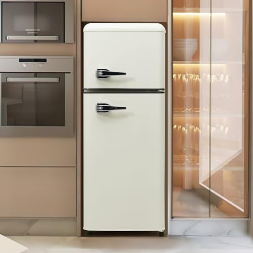 Sweiko Réfrigérateur rétro,Congélateur armoireé clairage LED combinaison réfrigérateur congélateur, à deux portes, volume total de 92 litres avec 28 litres de capacité de congélation (Antique White)